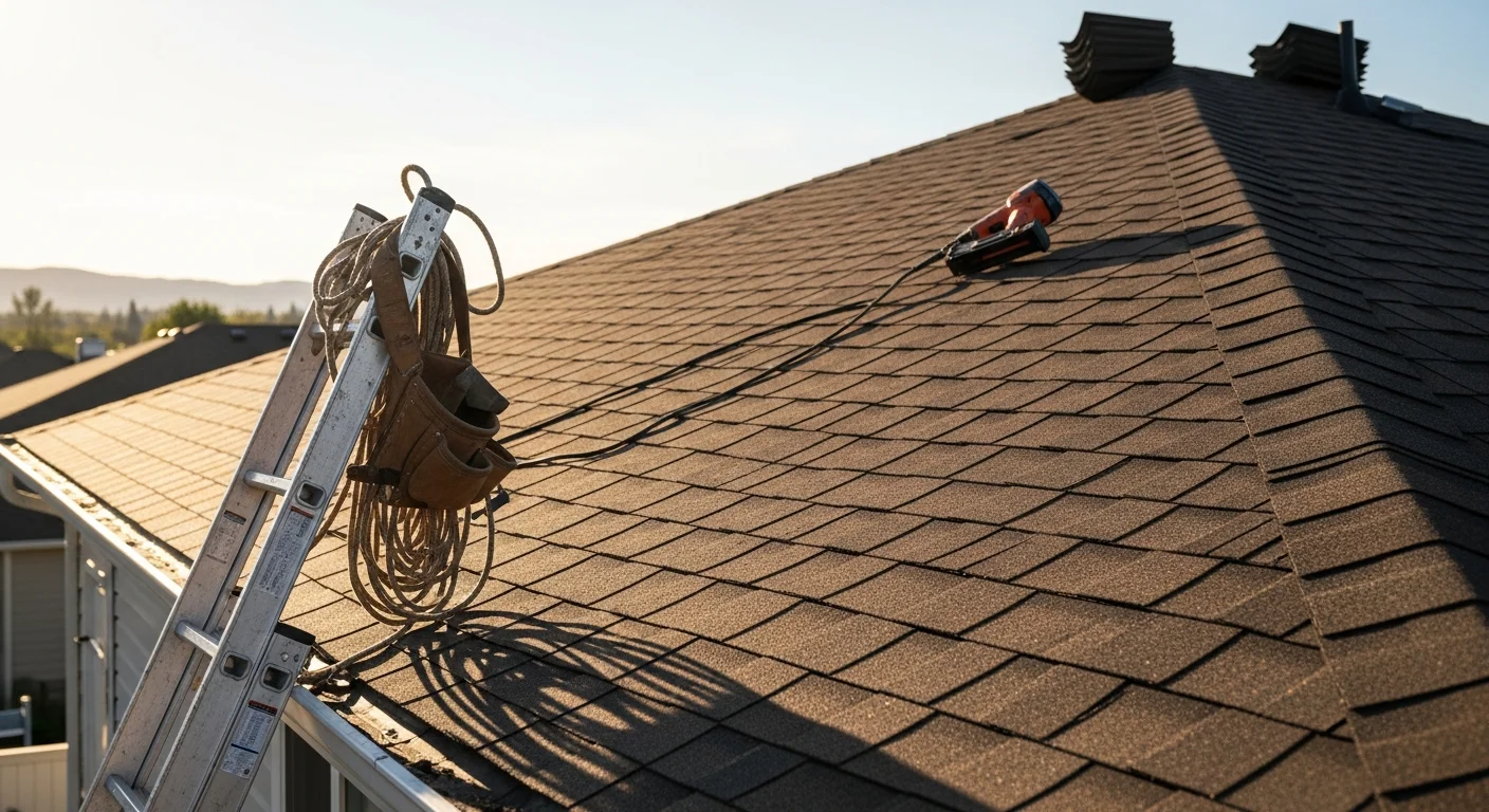 Professional roofer installing asphalt shingles on residential home roof Professional roofer installing asphalt shingles on residential home roof
